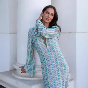 Women's Colorblock Striped Print Hollow Out Cover Up Dress, Casual Deep V Neck Split Thigh Cover Up Dress, Ladies Swimwear for Summer Beach Holiday,  Casual Dress   ﻿