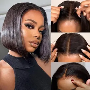 Wear and Go 7x5 Glueless Bob Wig Human Hair Pre Plucked Pre Cut 180% Density 7x4 HD Transparent Lace Front Wigs Human Hair for Black Women Straight Short Bob Style Wigs No Glue Lace Closure Wigs