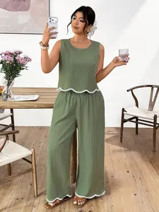 Plus Size Women's Luxury Trimmed Everyday Casual Set, Tank Top and Wide Leg Pants with Pockets, Slimming Two-Piece, Comfortable and Stylish