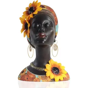African Art Bust Statue African Sunflower Girl Figurines Resin Black African American Bust Sculpture Home Decor Suitable for Living Room Desktop Bookcase Wooden Shelf Decor