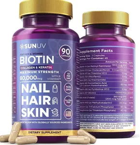 SUNUV Biotin 10,000mcg | Collagen | Keratin - 80,000mcg Hair Growth Vitamins for Women & Men,Skin & Nails Support - Hyaluronic Acid & Vitamins B1,B2,B3,B5,B6,B9,B12 -Made in USA-90 Capsules
