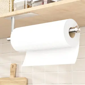 Paper Towel Holder Under Cabinet - 1 Pack Brushed Silver, Self-Adhesive or Drilling Mount, Sturdy Stainless Steel Space-Saving Rack for Kitchen, Bathroom, RV, Rental-Friendly Design Toilet Paper Holder