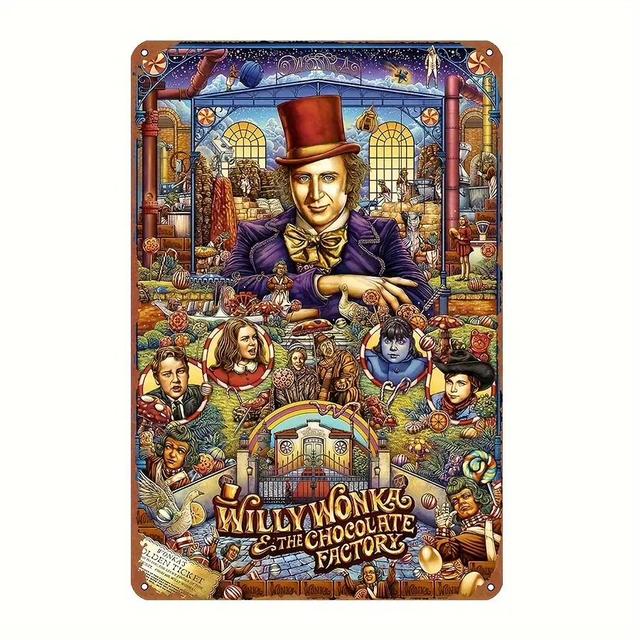Vintage Willy Wonka & The Chocolate Factory Iron Tinplate Metal Sign - 8x12 in Design, 1-Count Indoor/Outdoor Wall Decor for Easter & Beach Party Home Accent