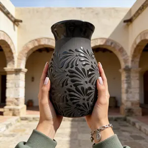 Hand-Painted Mexican Barro Flower Vase with Black  Floral Design and Intricate Swirl Patterns for Home Decor Talavera-Inspired Matte Black Finish