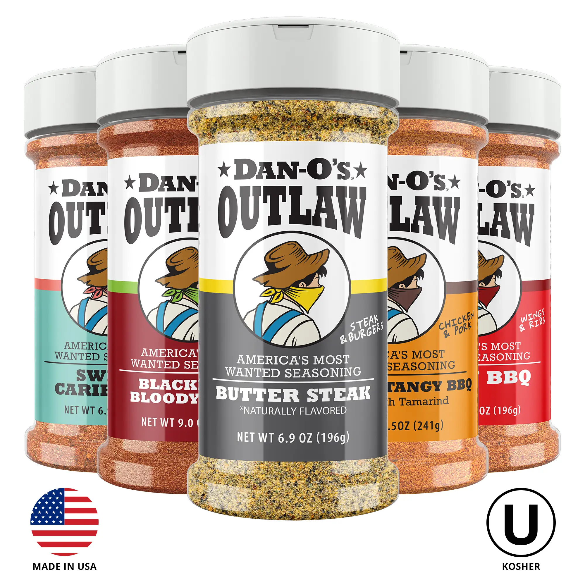 Dan-O's Outlaw Flavor Gang 5 Bottle Combo - Butter Steak, Blackened Bloody Mary, Sweet & Tangy BBQ, Sweet Caribbean, and Spicy BBQ - America's Most Wa