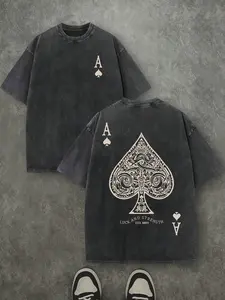 Vintage Washed Loose Fit T-Shirt, Both Sides Ace Print Short Sleeve, Y2K Retro Street Style, Lucky Poker Casual Top, Unisex