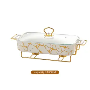Double-Eared Ceramic Casserole with Glass Lid and Rack, Buffet Style Food Storage and Serving Dish for Parties, Multiple Sizes Available