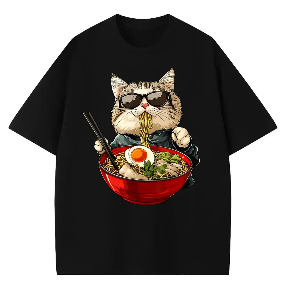 Men's Slim Fit Graphic T-Shirt with Kawaii Cat Ramen Print, Short Sleeve Round Neck Top for Casual Summer Wear, Tops, Shortsleeve, Menswear, All Season, Machine Wash, All Seasons, Cotton, Kawaii Print, Slim-Fitting