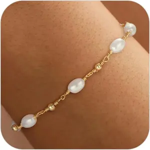 Gold Bracelets for Women 14K Real Gold Plated, Dainty Stackable Pearl Snake Chain with CZ Heart Pendant, Adjustable Waterproof Jewelry Gift 6"+2"