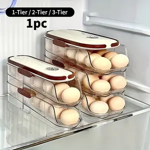 1pc, one/two/three layer combination egg rack, refrigerator egg storage box, egg picking basket, space saving, automatic rolling egg organizer, large capacity egg dispenser, suitable for refrigerator storage
