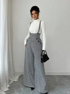 Open Front Knit Cardigan, Model Women's Knitted Plaid Print Houndstooth Wide Leg Pants, Front Pocket Button, Fashionable Elegant Daily Commuter Overalls, Fall Winter, Womenswear, Layered Look, Everyday, , Cozy Comfort