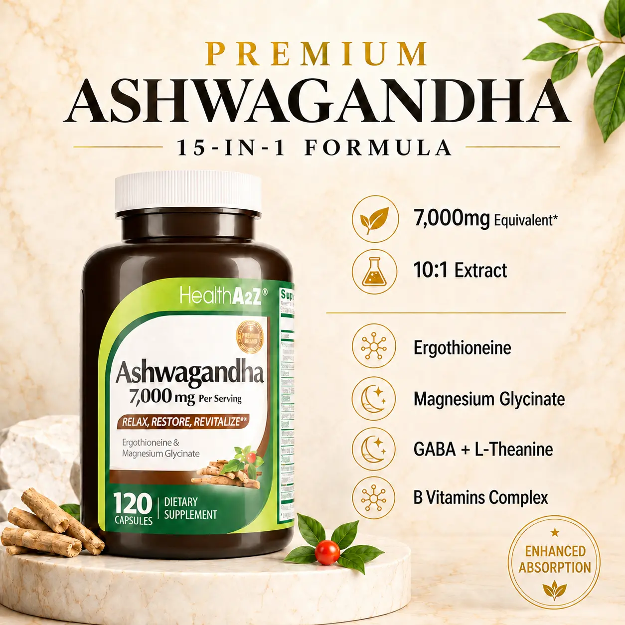 HealthA2Z Ashwagandha 7,000mg - 120 Capsules (Pack of 1) - Ashwagandha, Ergothioneine, GABA, L-theanine, Magnesium Glycinate - Supports Stress Relief, Mood & Sleep, Mental Clarity, Metabolism, Energy