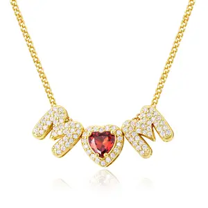 KISSYAN Mama Necklace for Women, 14K Gold Plated Heart Birthstones Bubble Pendant Necklaces for Mom Wife Dainty Jewelry Gift for Mother's Day Birthday