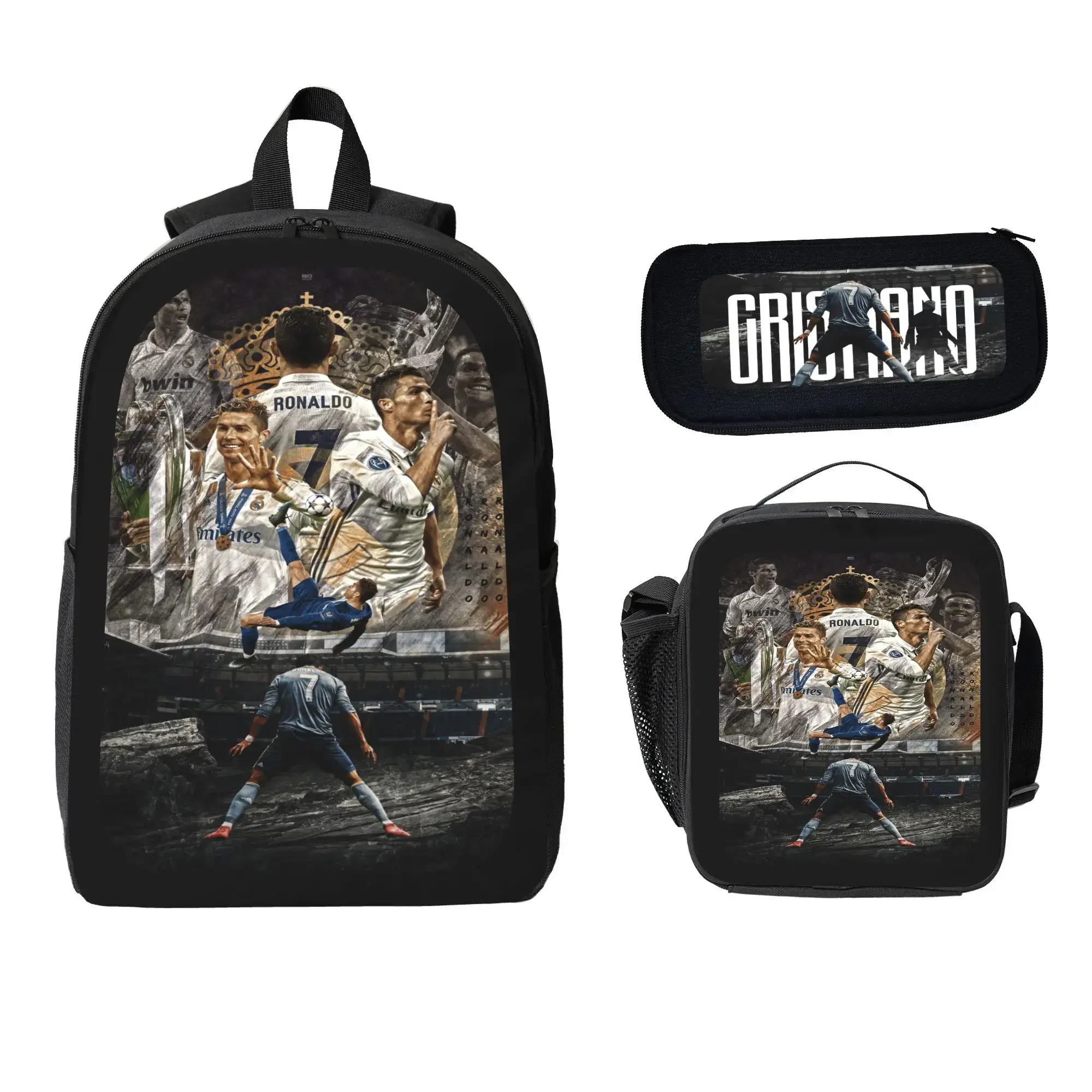 CR7 Print 3-Piece Athletic Backpack Set for 12-13 Years Students, Back to Haul Bag with Soccer Player Pattern, Padded Straps, Insulated Lunch Box, Built-In Organizer (2026-2027), Campus Life, Football Fashion, Sporty Chic
