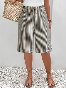 Women's Striped Print Pocket Shorts, Casual Comfy Drawstring Waist Shorts for Beach Daily Wear, Ladies Clothes for All Seasons