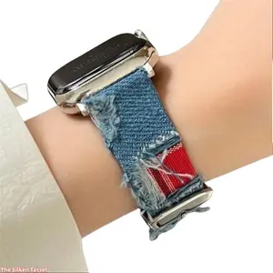 Distressed Denim Spliced Leather Band, Cute Wrist Strap for Women Compatible with Apple Watch 8 And 9, Light Breathable Fashion Accessory for Summer Daily Wear (No watch)