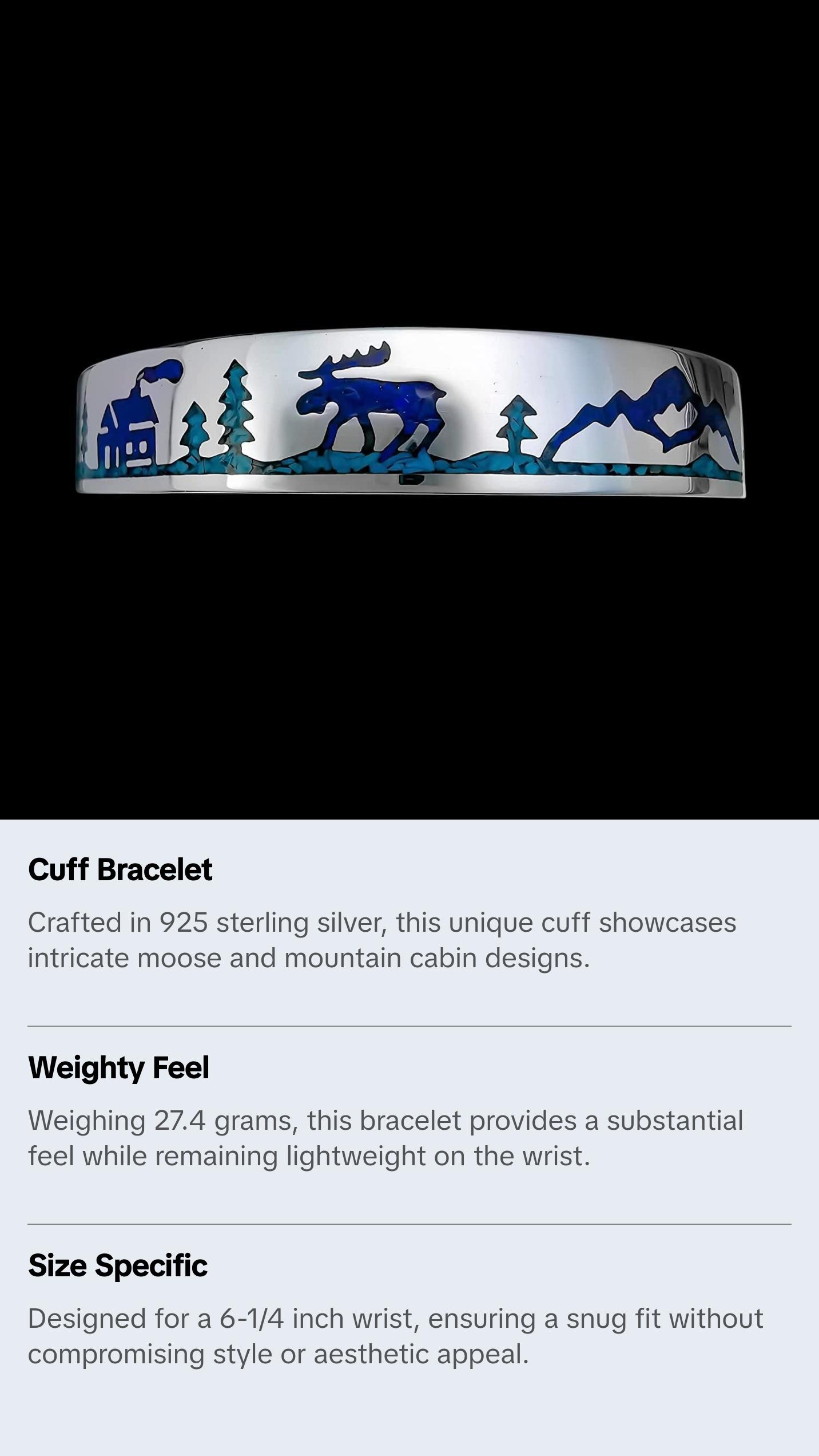 925 sterling silver Mountain Man cuff bracelet with Moose and Mountain Cabins