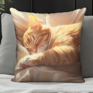 1pc Orange Cat Pillow Cover - Sleeping Ginger Tabby Cat Design, Soft Short Plush Cushion Case with Zipper Closure, 18x18 Inches (45.72x45.72cm) for Bed, Sofa, Car - Machine Washable Cat Lover Gift for Christmas, Birthday, Valentine's Day, Home & Office De