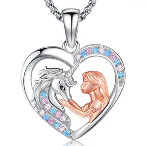 DRINSPER S925 Girl with Unicorn Pendant Necklace 925 Sterling Silver Heart Pendant With Rainbow Zirconia Cubic Jewelry Gift For Women Girls For Christmas Birthday Valentine Anniversary Holiday