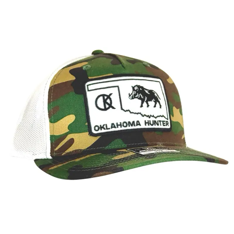 Richardson 112 Snapback Trucker Hat Camo Design with Oklahoma Hunter Logo Patch White Mesh Classic Model 112 PFP