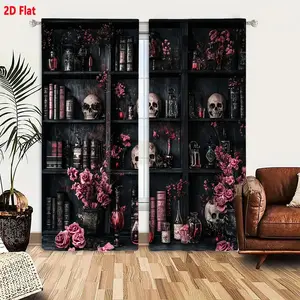2D Flat Gothic Black Skull & Vintage Book Decorative Curtain 2-Piece Set, Dark Moody Apothecary Witchy Style Drapes with Pink Floral Accents, Victorian Curiosities Inspired Living Room Bedroom Window Curtains
