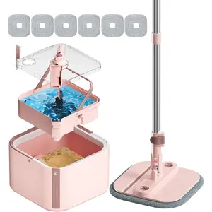 KZKR Square Spin Mop and Set with Self Separation Dirty and System,Self Wringing 360° Rotating Mops Head for Home Floors (2.0 mop Set with 6 Pads, Pink)