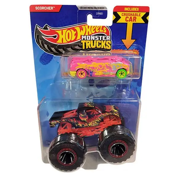 Mattel - Hot Wheels Monster Truck & Car - SCORCHER & CRUSHED VAN - BLIND-SIDED [JCG31]