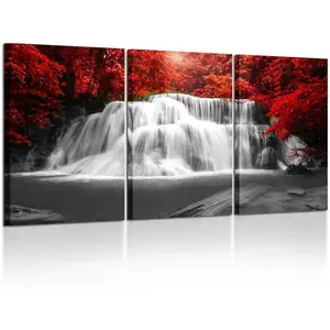 Black White and Red Canvas Wall Art 3 Pieces Red Woods Waterfall Canvas Print Landscape Paintings Framed Picture for Office and Home Décor Ready to Hang 16x24inchx3pcs