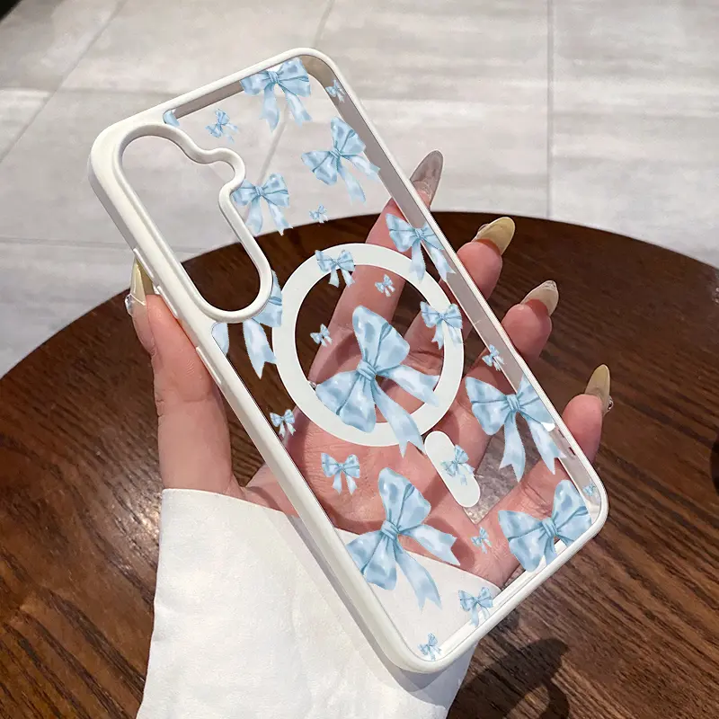 Magnetic Handheld Cellphone Casing for Samsung Galaxy S24 Plus, S25 Ultra, S23 FE Ultra, S22+ – Blue Bow Symphony Pattern TPU Shockproof, Anti-Scratch, Durable, Stylish Protection for Devices, Accessories, Silicone