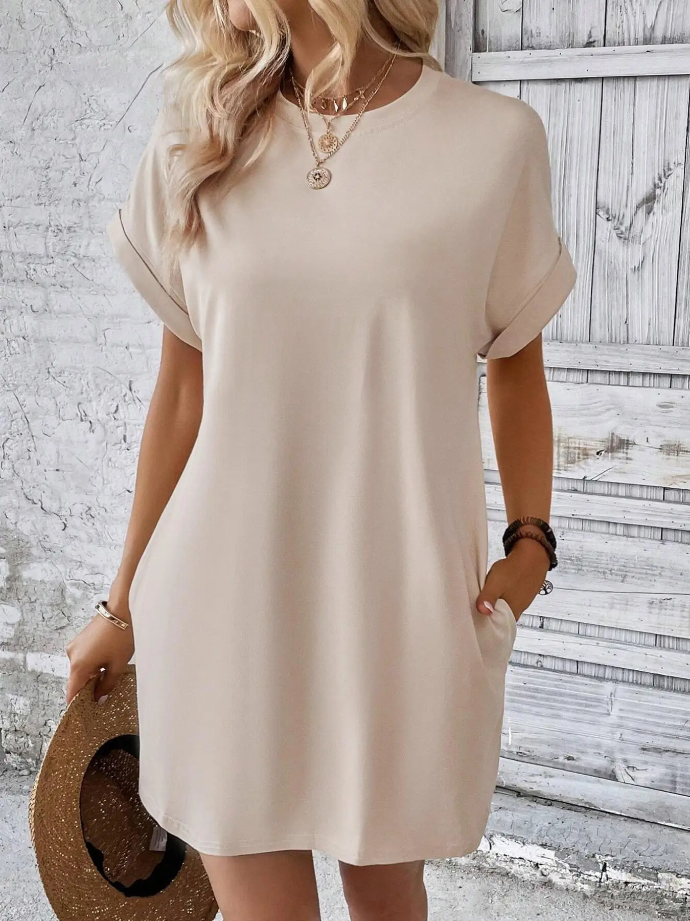 Women's Plain Pocket Batwing Sleeve Tee Dress, Casual Round Neck Roll Up Sleeve Dress for Summer, Fashion Women's Dress