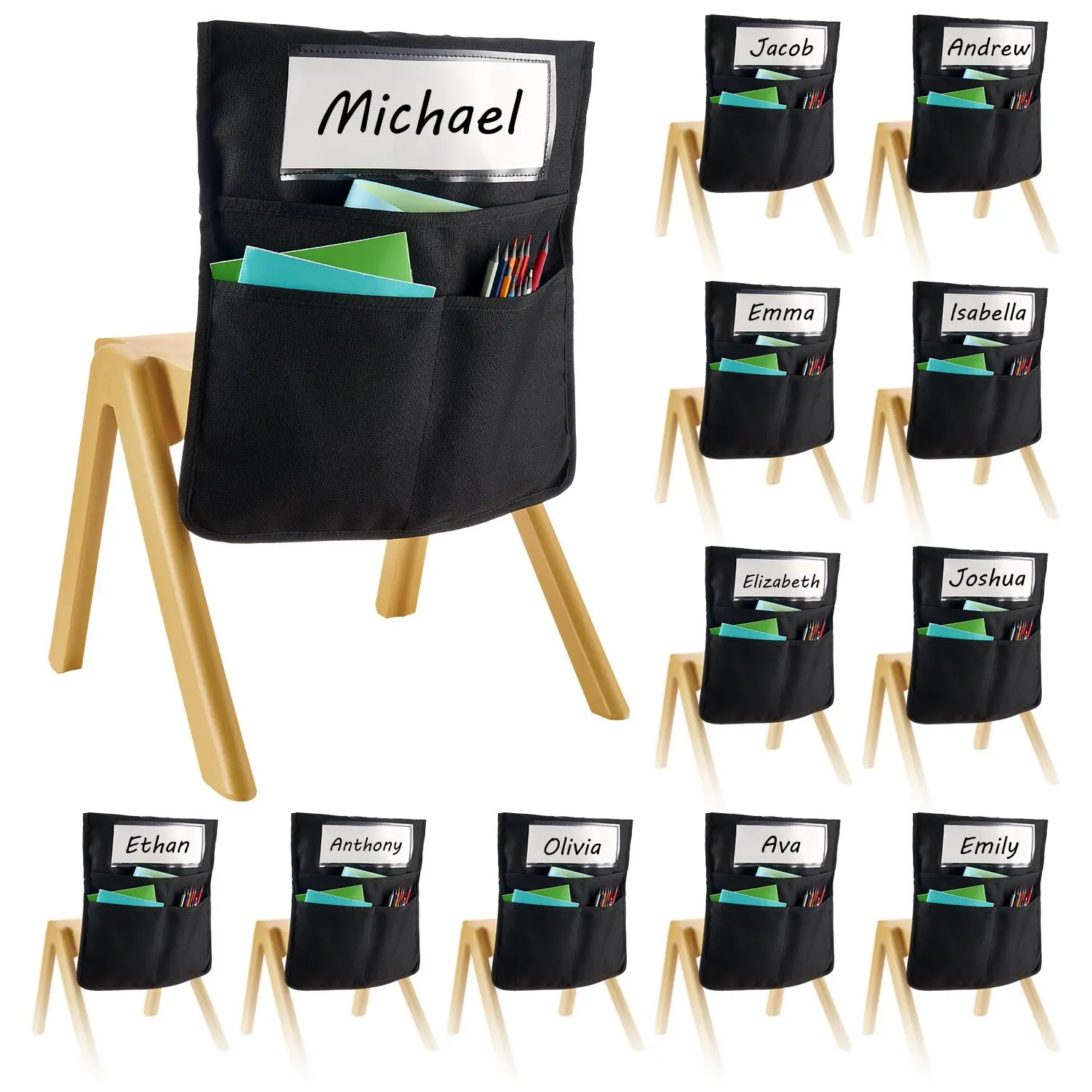 【SummerFinds】VEVOR Chair Pockets for Classroom, 12 Pack, 17 x 19 Inches Chairback Buddy Pocket with Name Tag, Back of Chair Organizer for Kids in Classroom, Kindergarten, School, and Home, Black