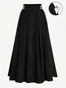 Elegant Women's Solid Color Pleated Metal Decorative Button Real Pocket A-Line Skirt, Cross-Border Style