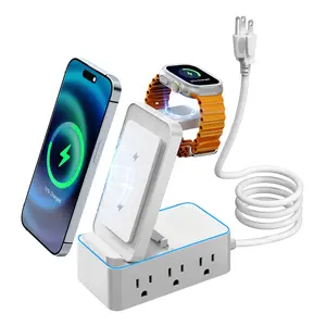 Multi-Functional Power Outlet Extender with Surge Protection Wireless Phone Charger Apple Watch Charger 3 AC Outlets 2 USB Ports 2 Type-C PD45W Ports Ambient Lighting for Offices Homes Travel ac converter refrigerator surge protector high power switches 1