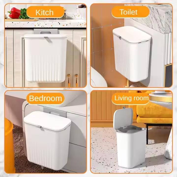 9L Wall Mounted Kitchen Trash Can with Lid - Hanging Garbage Bin for Cabinet Door, Bathroom, and Countertop Use