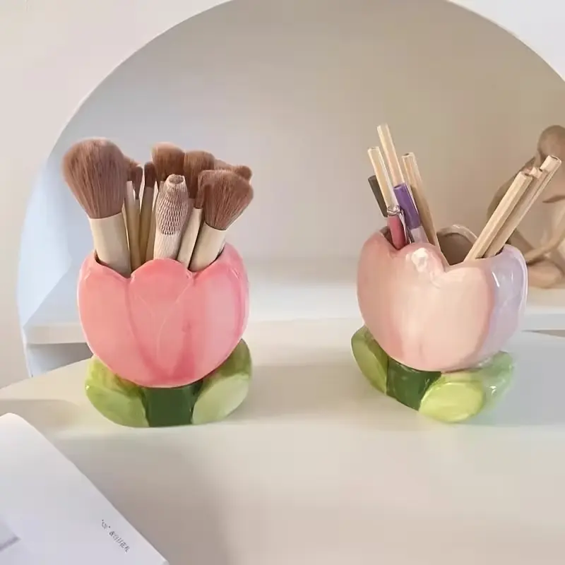 Floral Pattern Makeup Brush Storage Box, Desk Organizer for Office & Bedroom, Decorative Pen Cup Holder, Tabletop Accessories