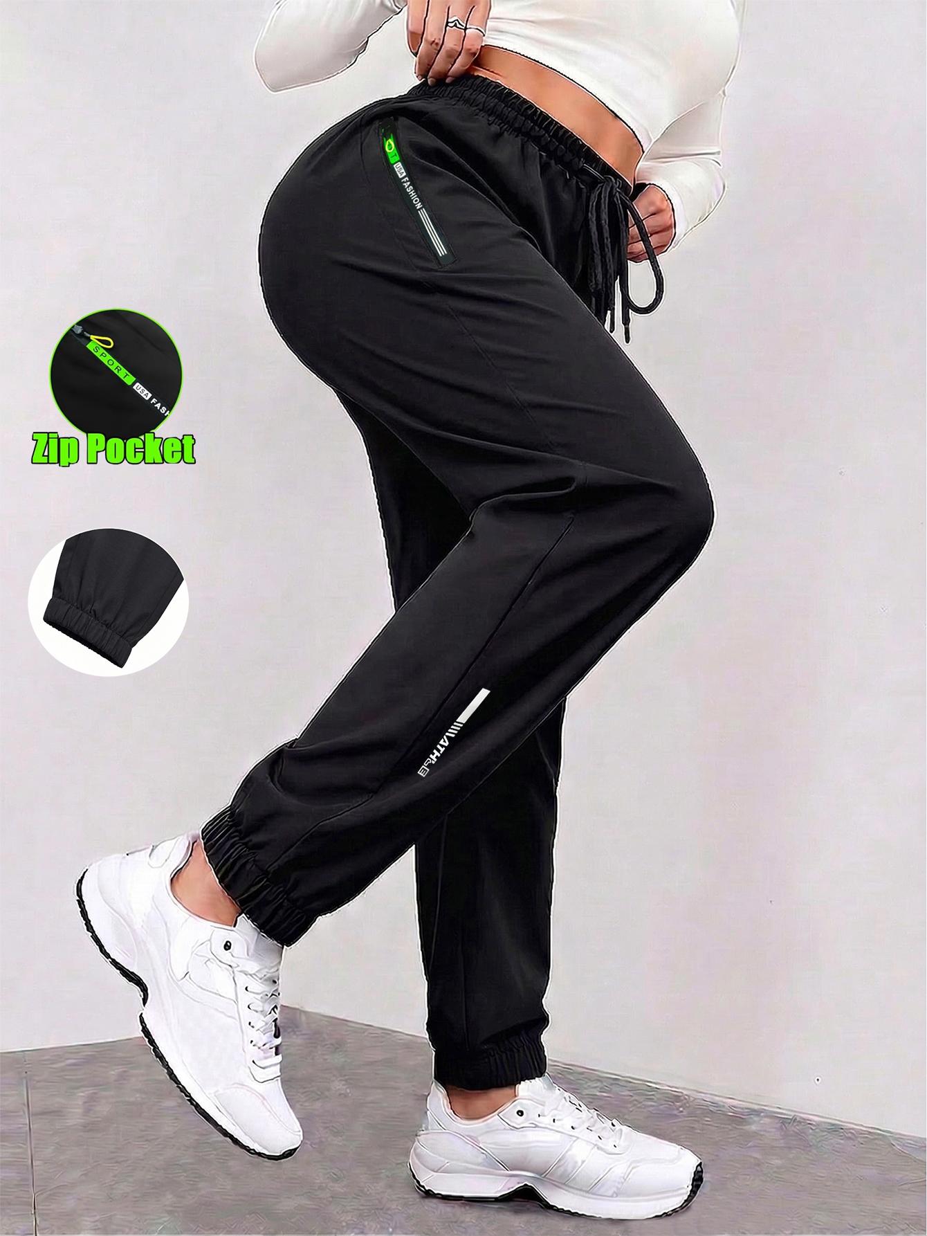 Set of 3 women’s summer cargo pants with zippered pockets, featuring a stylish large pocket design and an elastic waistband; casual outdoor/daily long slim-fit cuffed pants.