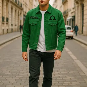 Andersonvegas Unisex Green Denim Jacket with VEGASA Logo and Classic Fit for Men and Women