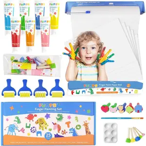 Kids Washable Finger Paint Set, 25 PCS Non Toxic Art Painting Supplies for Baby, Includes Finger Paint Paper Roll, Brush Set, Arts Crafts for Toddlers Age 1-3
