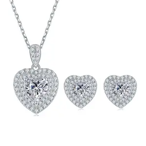 DLS Jewelry S925 Silver heart shape Moissanite Earring & Necklace, D color Moissanite 1 ct.