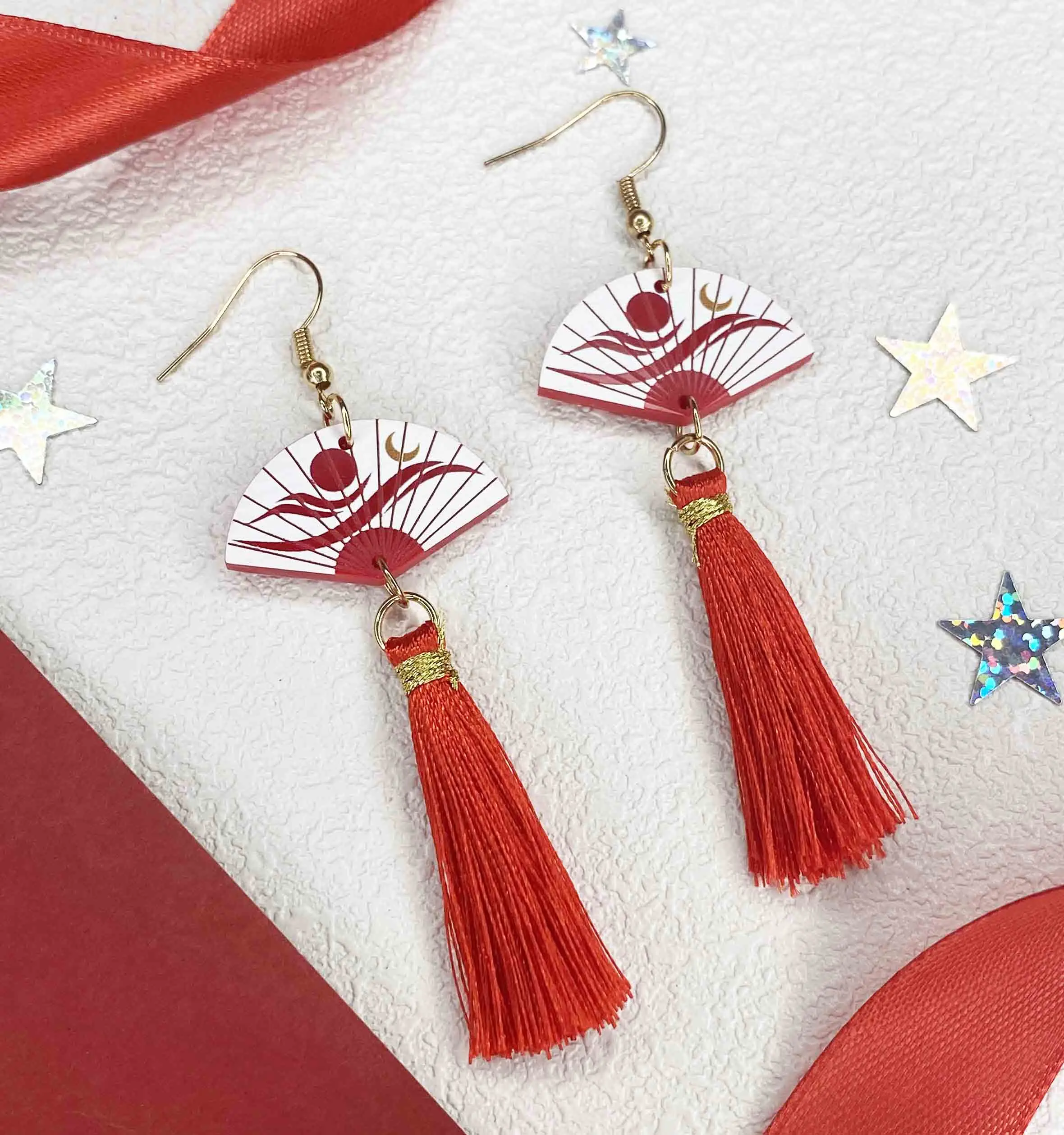Drop Earrings with Red Fan Tassel & Gold Sun & Moon Motif, Lightweight Kpop Inspired Dangle Jewelry for Women's Casual Concert Outfits, Kpop Merch Gift, Kpop Idol-Inspired