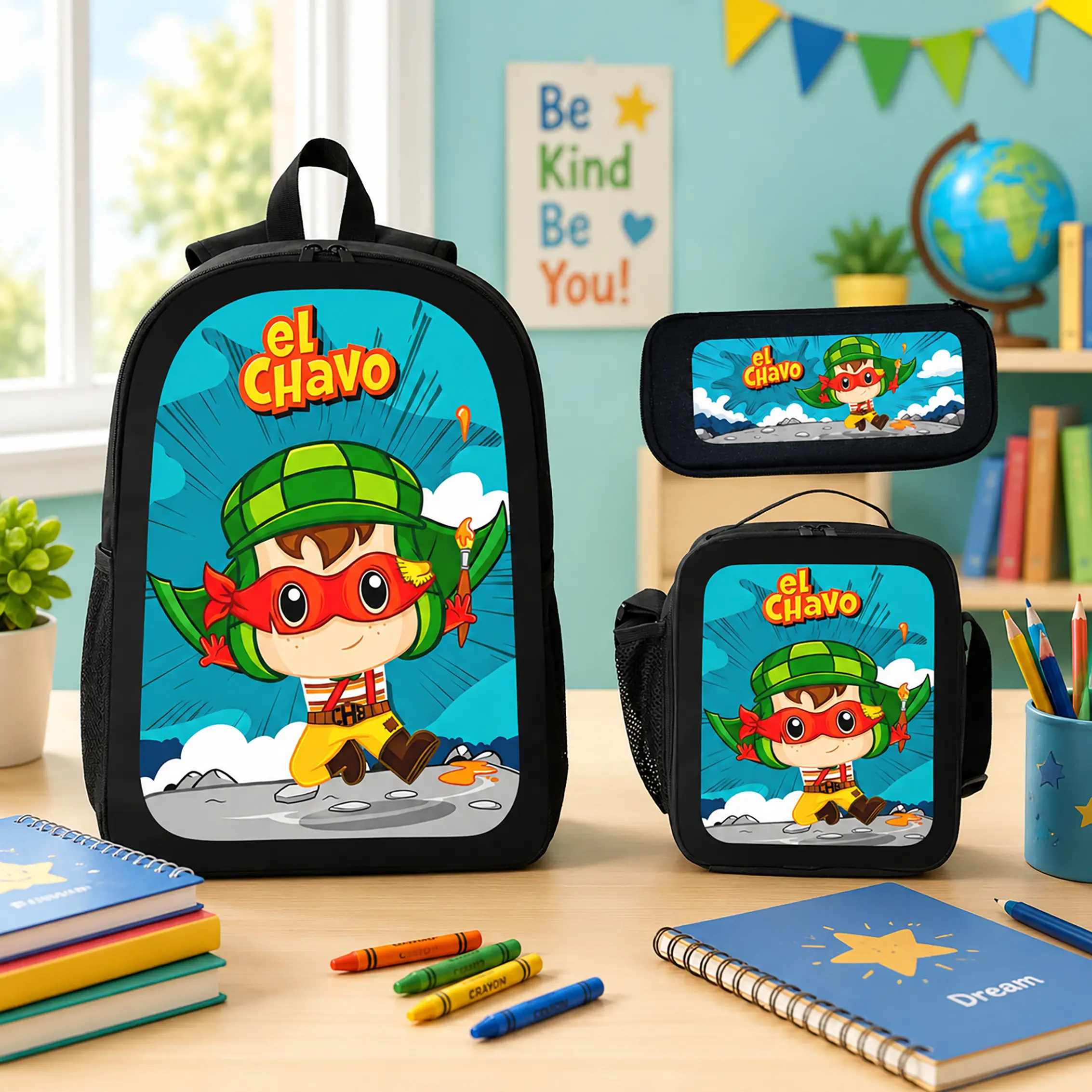 El Chavo Animado Unisex Polyester Cartoon Print Backpack Set - 3-Piece Bookbag, Lunch Bag, Pencil Case for Kids Students, Lightweight Durable Cute Aesthetic Back to School Travel Daily Carry Fan Gift TikTok Viral