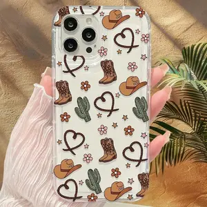 Cactus & Cowboy Hat Pattern Clear Transparent Silicone Phone Case, Western Style Decorative Phone Protector Cover, Phone Accessories Compatible with iPhone Series, Protective Casing Compatible with iPhone 17 16 15 14 13 12 11 X XS XR Pro Max Plus Air