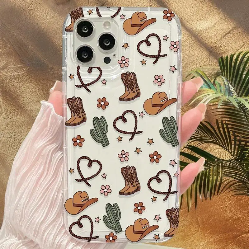 Cactus & Cowboy Hat Pattern Clear Phone Case, Western Style Decorative Phone Protector Cover, Phone Accessories Compatible with iPhone Series, Protect