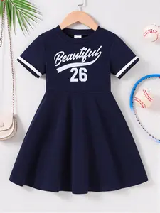 Girl's Letter & Number Print Dress, Graphic Print Dress, Casual Short Sleeve Round Neck Dress for Summer, Kids Clothes for Daily Wear