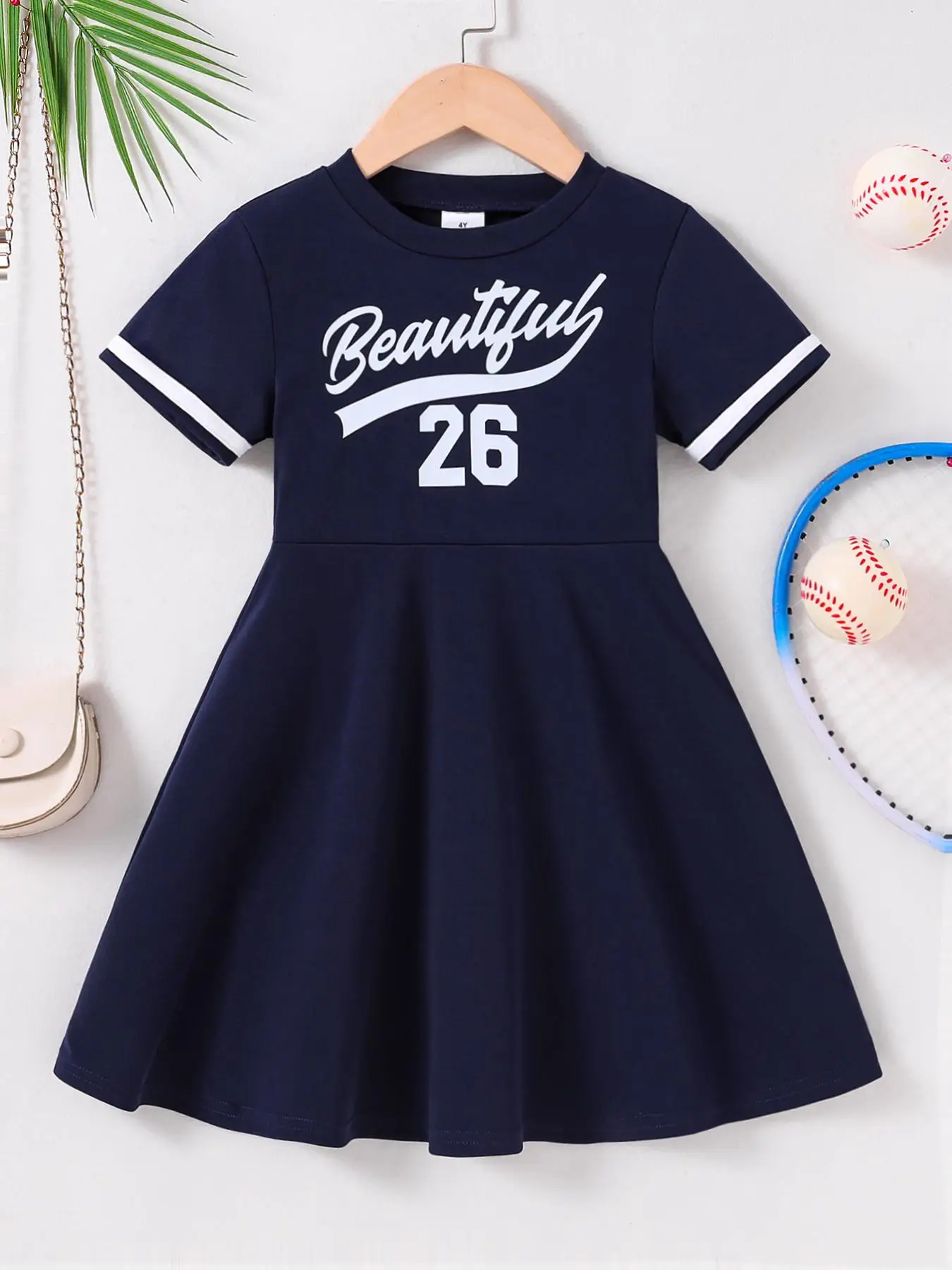 Girl's Letter & Number Print Dress, Casual Short Sleeve Round Neck Dress for Summer, Kids Clothes for Daily Wear