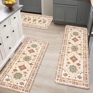 Bohemian Style Kitchen Mat Set of 3 Pieces Non-Slip Washable Floor Mats for Thick Kitchen Hallways Laundry Rooms and Holiday Decoration boho runner rug flannel room hallway kitchen rug decor flooring soft cozy