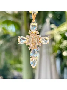 The Guadalupe Virgin Cross Pendant Necklace Waterdrop Crystal Religious Jewelry Gold Cross with Detailed Virgin Statue Glittering Waterdrop Crystals Purple Transparent Pink