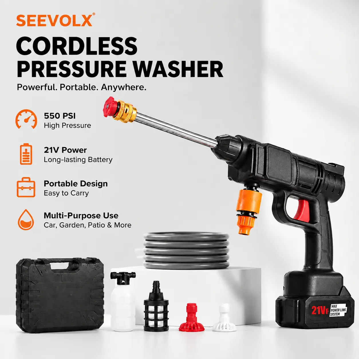 SEEVOLX Cordless Rechargeable Electric Foam Gun Pressure Washer with Adjustable Nozzle, Foam Pump - 2 Batteries Included for Car Washing, Outdoor Maintenance, Garden Cleaning, Versatile Use