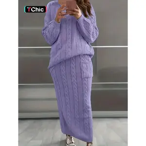 Women's Solid Cable Knit Sweater & Pocket Skirt Set, Long Sleeve Round Neck Jumper & Long Skirt, Two-piece Casual Outfits for Daily Wear, Womenswear, Clothes