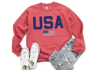 Women’s USA crewneck sweatshirt, a patriotic America shirt perfect for 4th of July celebrations, everyday casual wear, and proudly showing national pride.